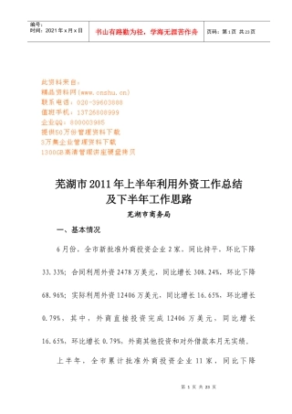 芜湖市利用外资工作总结与工作思路