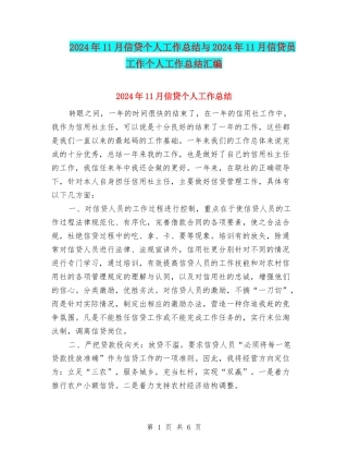 2024年11月信贷个人工作总结与2024年11月信贷员工作个人工作总结汇编