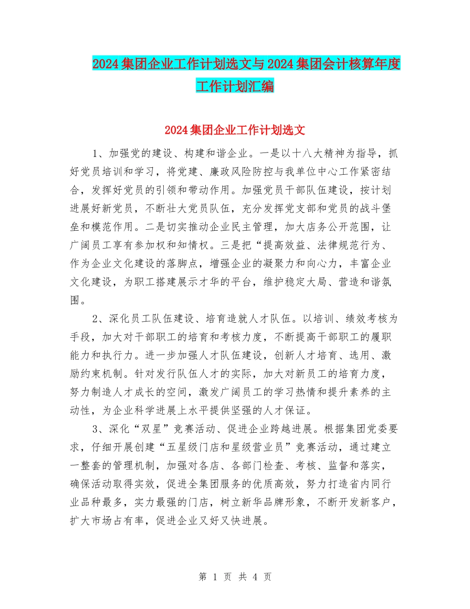 2024集团企业工作计划选文与2024集团会计核算年度工作计划汇编_第1页