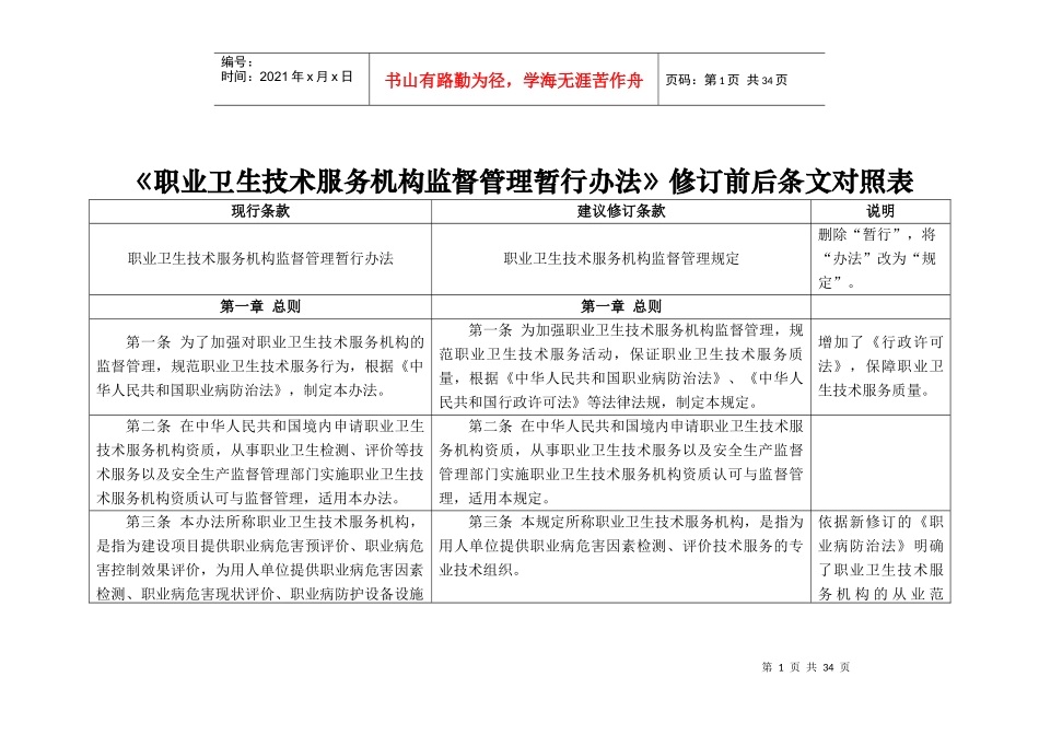 职业卫生技术服务机构监督管理暂行办法修订前后条文对照表_第1页