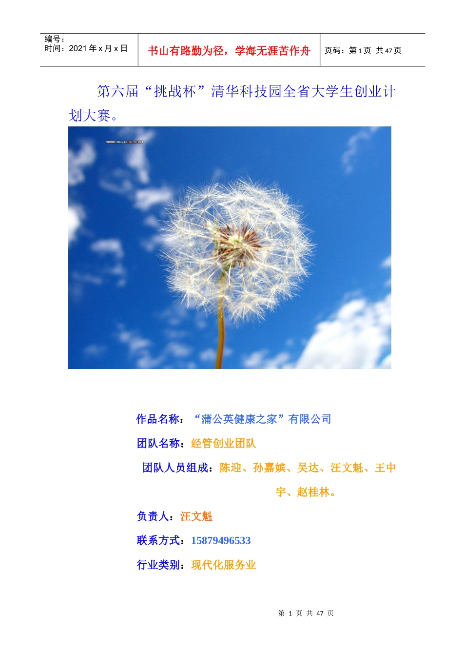 蒲公英健康之家有限公司创业书_商业计划_计划解决方案_实用文档_第1页