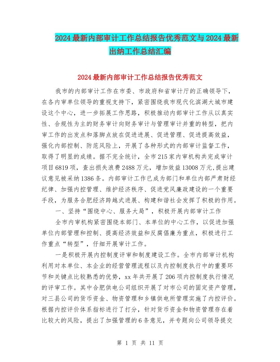 2024最新内部审计工作总结报告优秀范文与2024最新出纳工作总结汇编_第1页