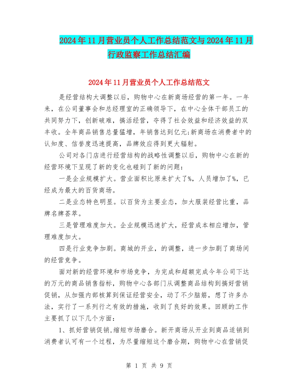 2024年11月营业员个人工作总结范文与2024年11月行政监察工作总结汇编_第1页