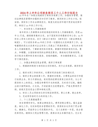 2024年上半年公司财务部员工个人工作计划范文