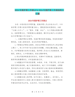 2024年度护理工作要点与2024年度护理工作规划范文汇编
