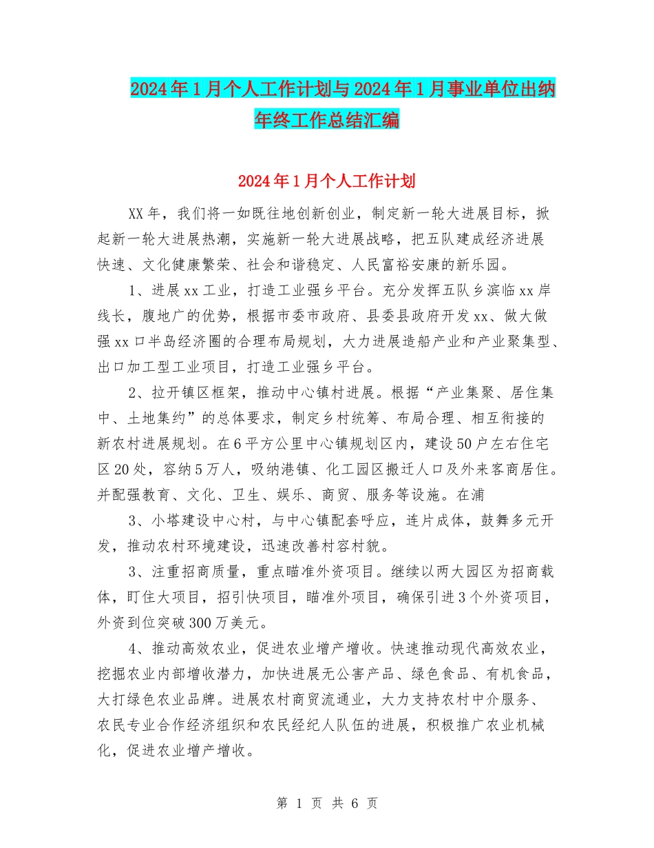 2024年1月个人工作计划与2024年1月事业单位出纳年终工作总结汇编_第1页