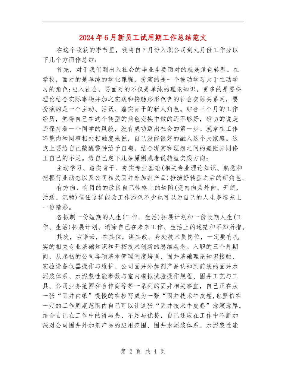 2024年6月新员工试用期工作总结范文_第2页