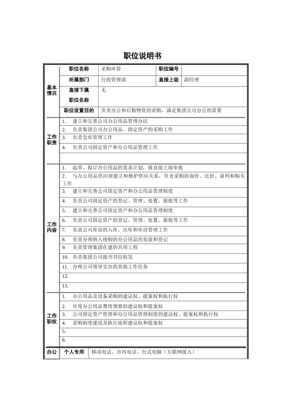 行政管理部-采购库管职位说明书_第1页