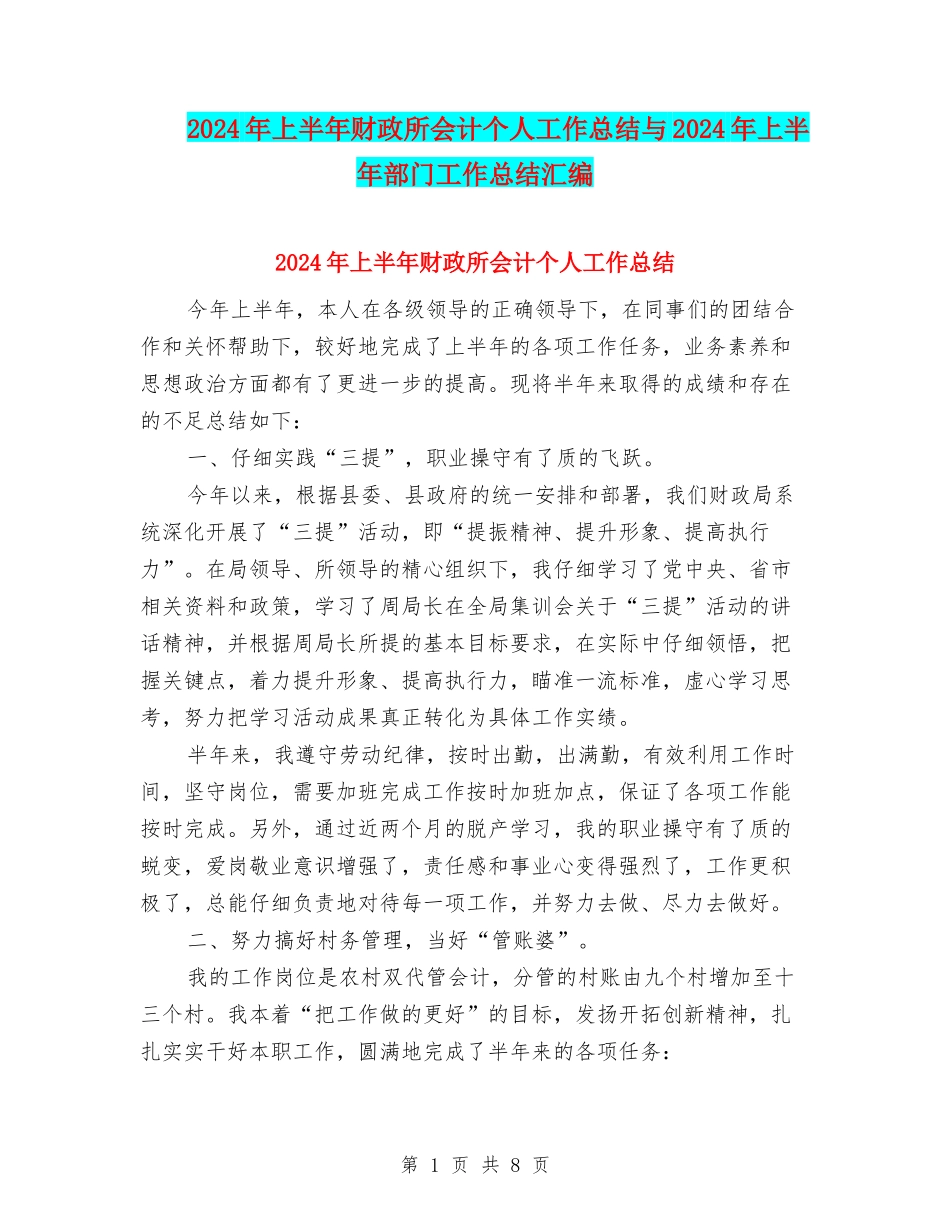 2024年上半年财政所会计个人工作总结与2024年上半年部门工作总结汇编_第1页