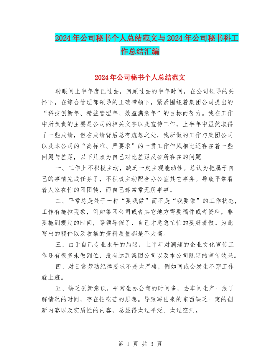 2024年公司秘书个人总结范文与2024年公司秘书科工作总结汇编_第1页