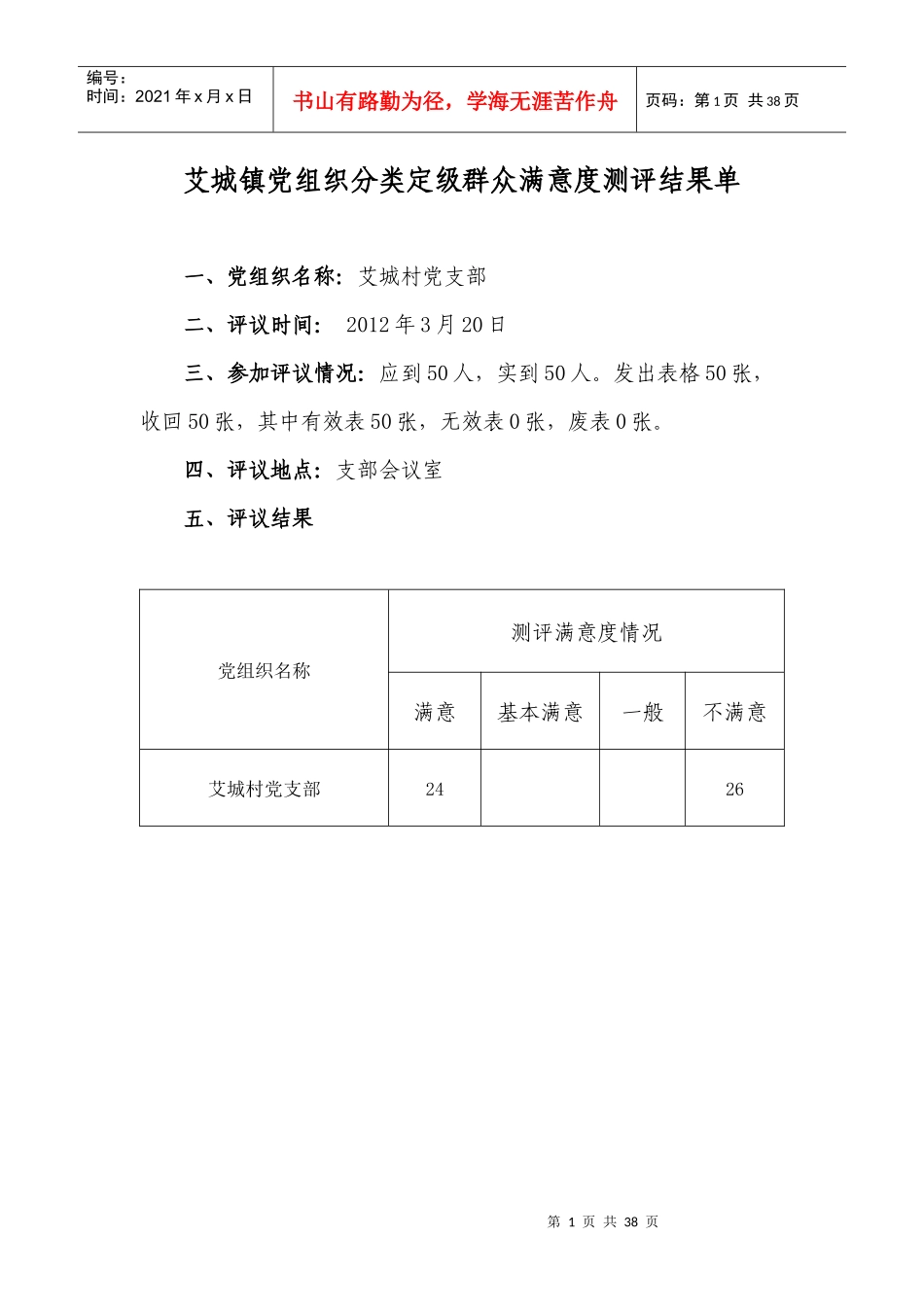 艾城镇党组织分类定级群众满意度测评结果单_第1页