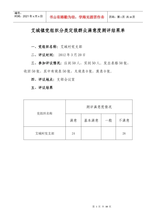 艾城镇党组织分类定级群众满意度测评结果单