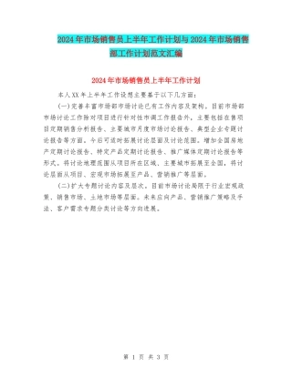 2024年市场销售员上半年工作计划与2024年市场销售部工作计划范文汇编