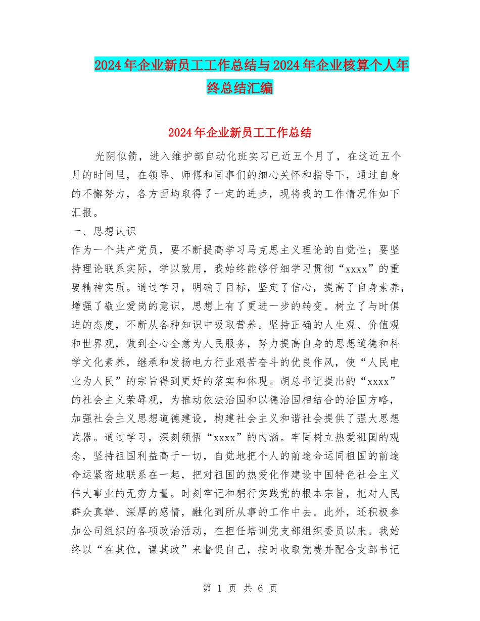 2024年企业新员工工作总结与2024年企业核算个人年终总结汇编_第1页