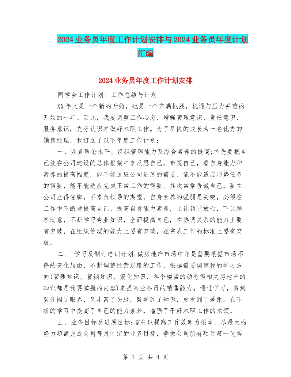 2024业务员年度工作计划安排与2024业务员年度计划汇编_第1页