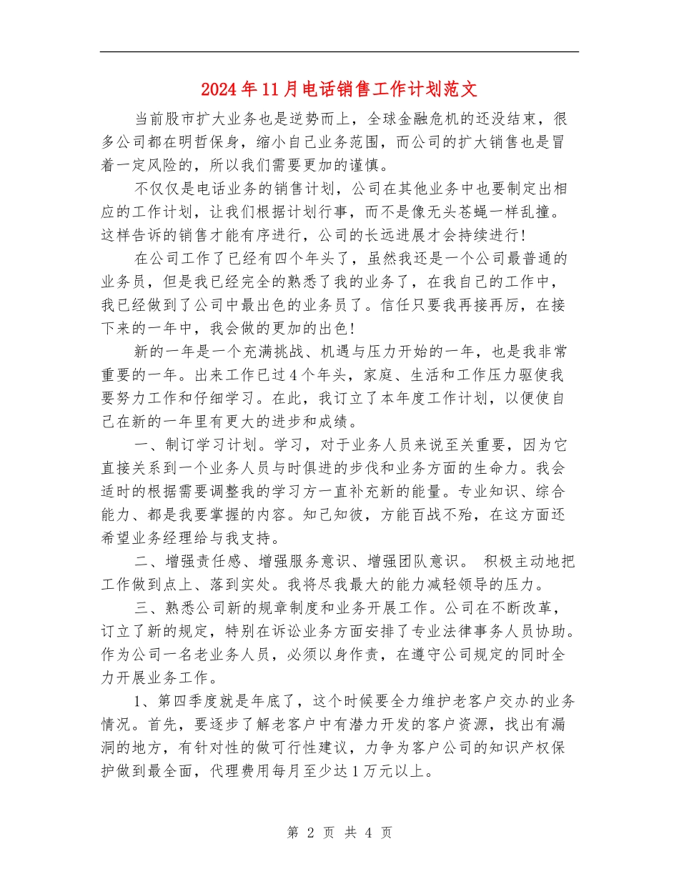 2024年11月电话销售工作计划范文_第2页