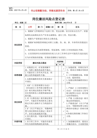 综掘二区岗位廉洁风险点登记表