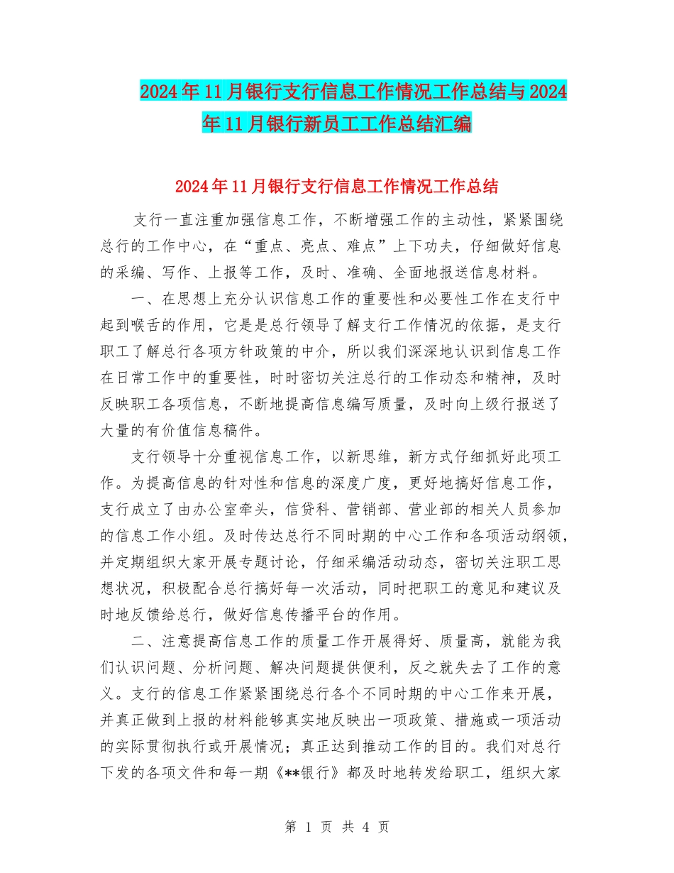 2024年11月银行支行信息工作情况工作总结与2024年11月银行新员工工作总结汇编_第1页