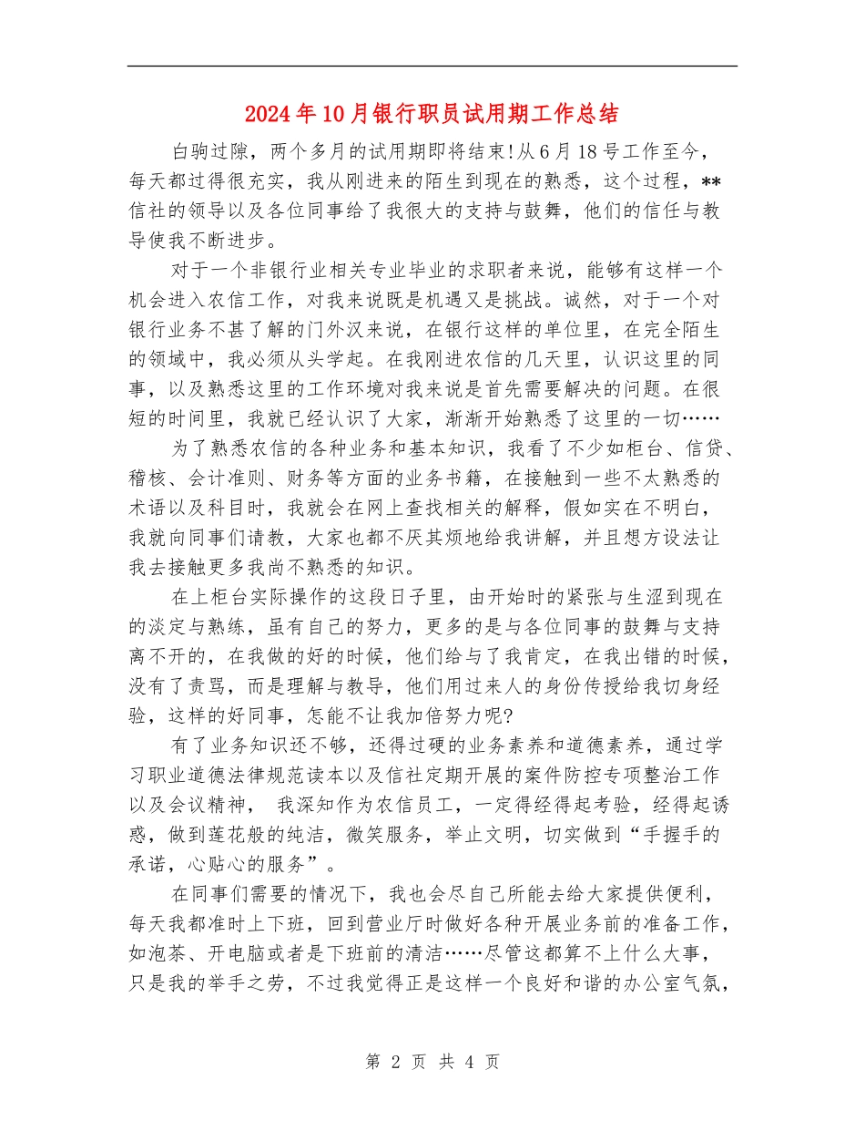 2024年10月银行职员试用期工作总结_第2页