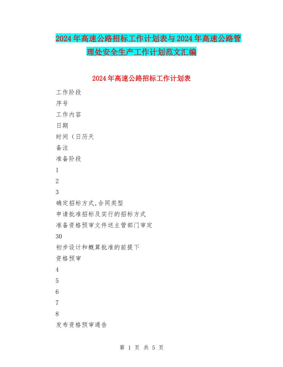 2024年高速公路招标工作计划表与2024年高速公路管理处安全生产工作计划范文汇编_第1页