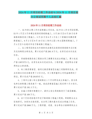 2024年11月项目经理工作总结与2024年11月项目部办公室试用期个人总结汇编