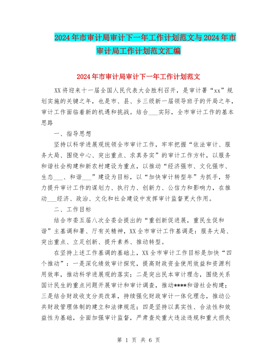 2024年市审计局审计下一年工作计划范文与2024年市审计局工作计划范文汇编.doc_第1页