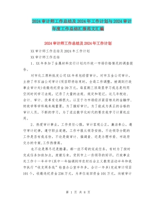 2024审计师工作总结及2024年工作计划与2024审计年度工作总结汇报范文汇编