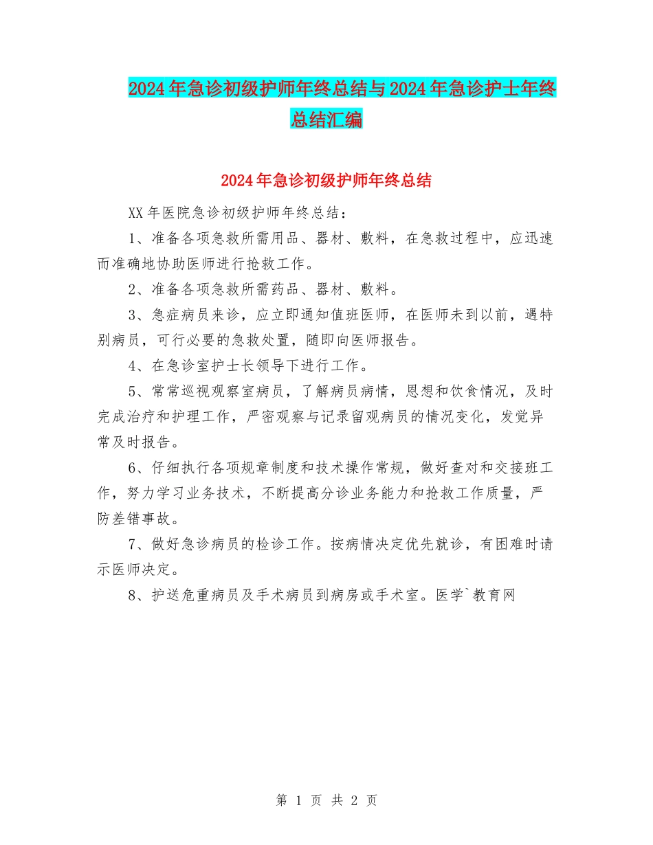 2024年急诊初级护师年终总结与2024年急诊护士年终总结汇编_第1页