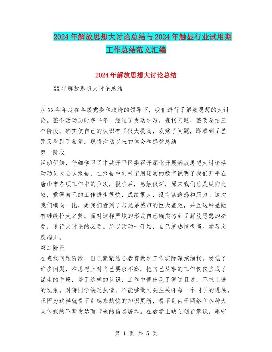 2024年解放思想大讨论总结与2024年触显行业试用期工作总结范文汇编_第1页
