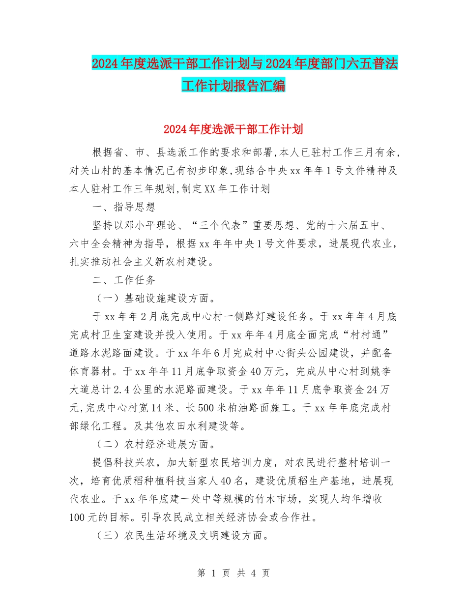 2024年度选派干部工作计划与2024年度部门六五普法工作计划报告汇编_第1页