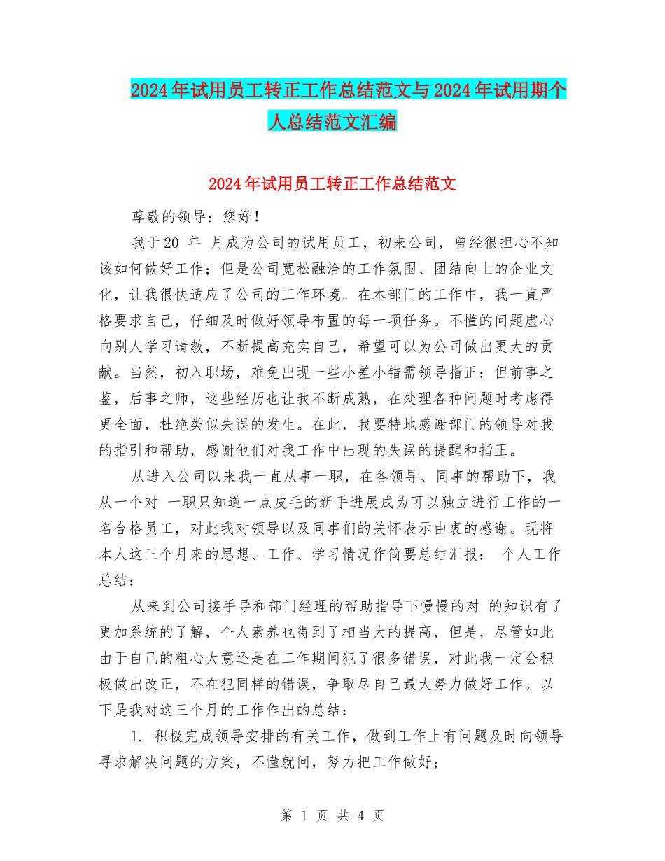 2024年试用员工转正工作总结范文与2024年试用期个人总结范文汇编_第1页