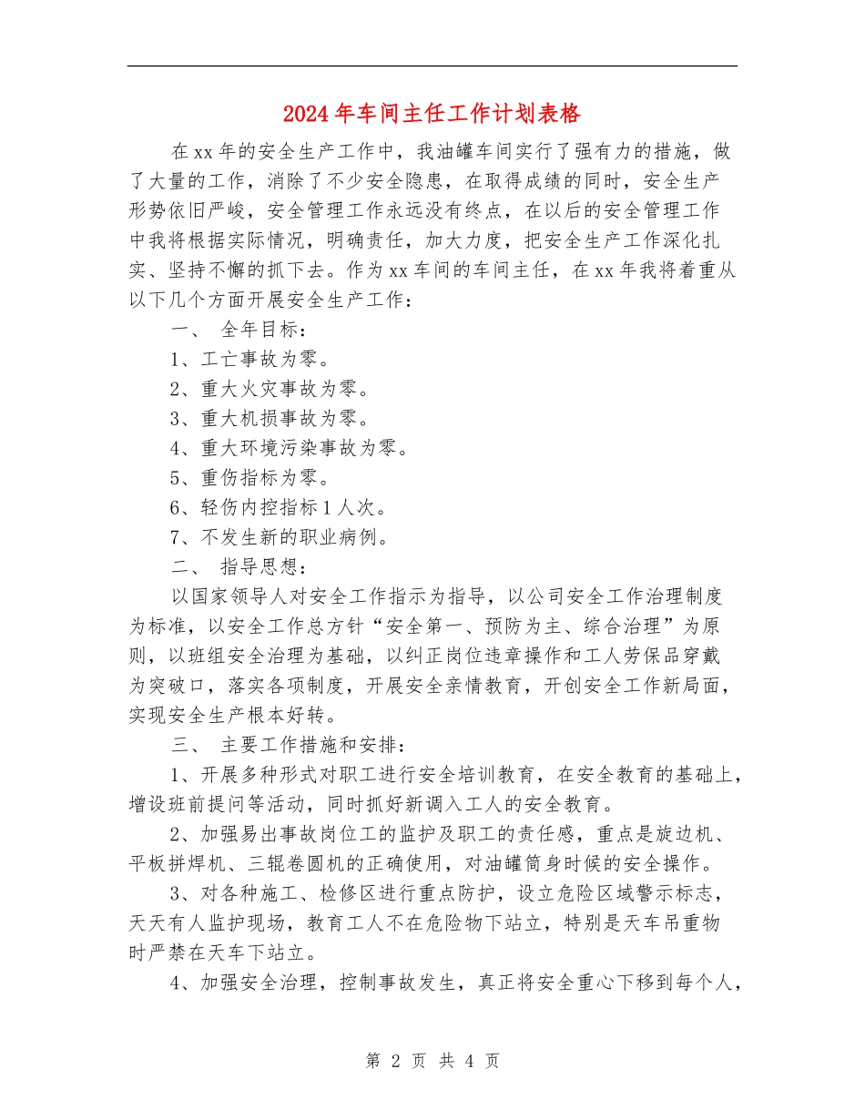 2024年车间主任工作计划表格_第2页