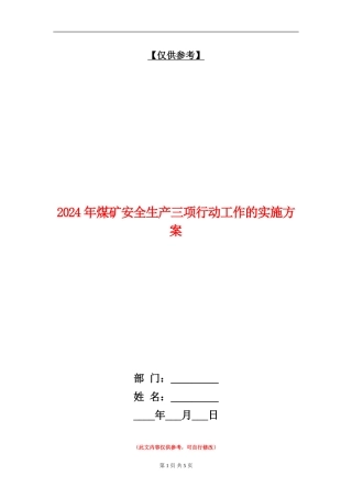 2024年煤矿安全生产三项行动工作的实施方案