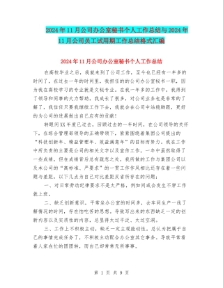 2024年11月公司办公室秘书个人工作总结与2024年11月公司员工试用期工作总结格式汇编