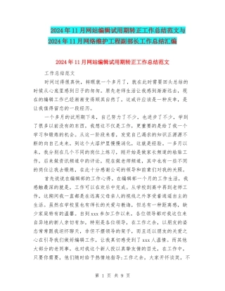 2024年11月网站编辑试用期转正工作总结范文与2024年11月网络维护工程副部长工作总结汇编