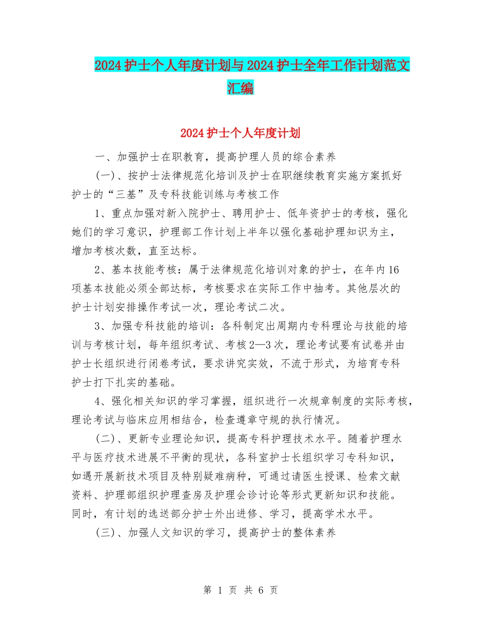 2024护士个人年度计划与2024护士全年工作计划范文汇编_第1页