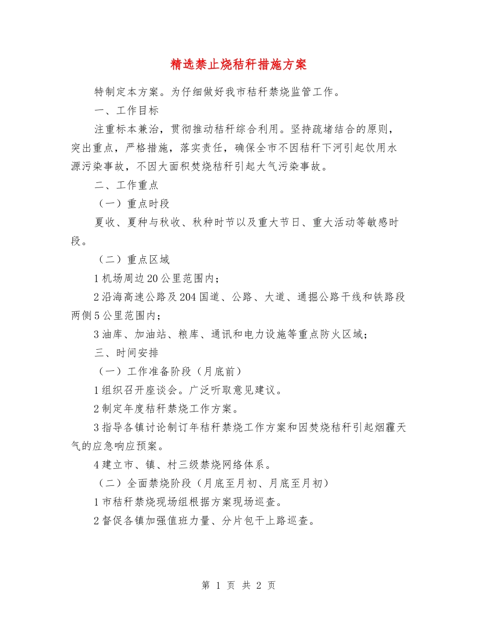 禁止烧秸秆措施方案_第1页