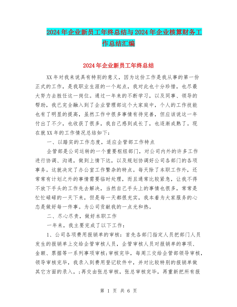 2024年企业新员工年终总结与2024年企业核算财务工作总结汇编_第1页