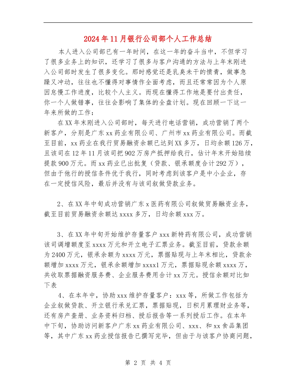 2024年11月银行公司部个人工作总结【新版】_第2页