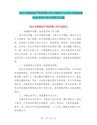 2024年医院妇产科护理工作计划范文与2024年医院委员会支部工作计划范文汇编
