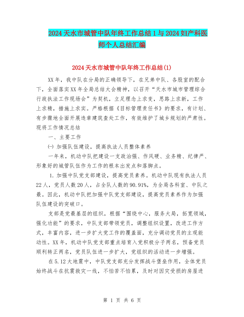 2024天水市城管中队年终工作总结1与2024妇产科医师个人总结汇编_第1页