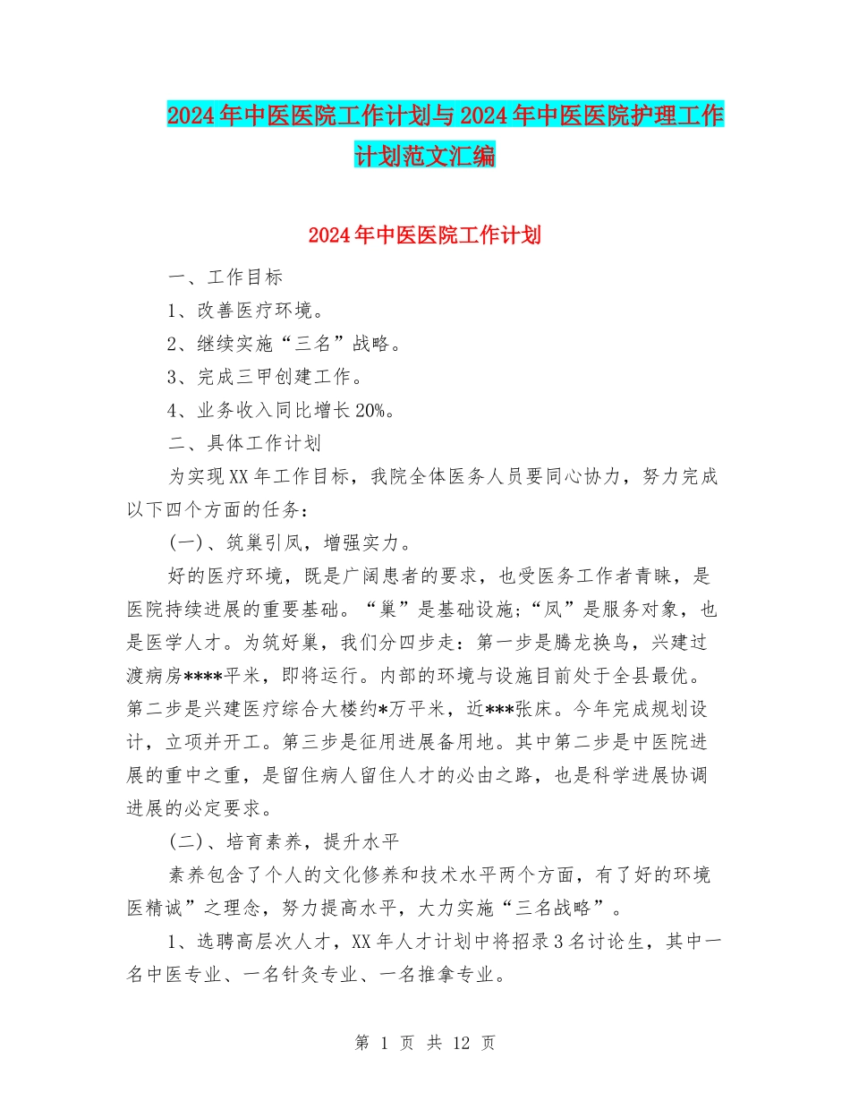 2024年中医医院工作计划与2024年中医医院护理工作计划范文汇编_第1页