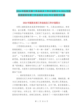 2024年医院支部工作总结及工作计划范文与2024年医院放射科年度工作总结及2024年计划范文汇编