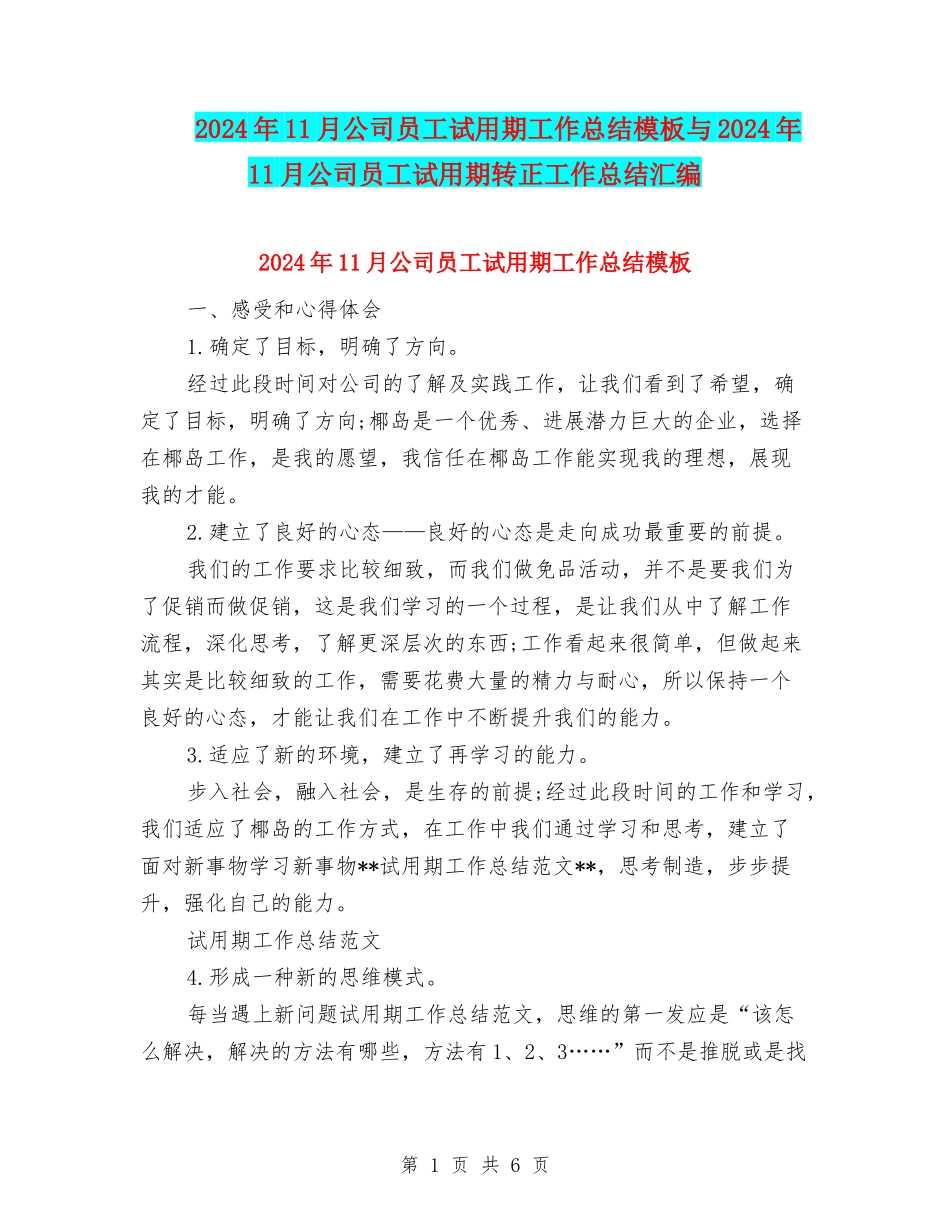 2024年11月公司员工试用期工作总结模板与2024年11月公司员工试用期转正工作总结汇编_第1页
