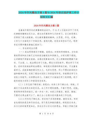 2024年作风整改方案3篇与2024年供应室护理工作计划范文汇编
