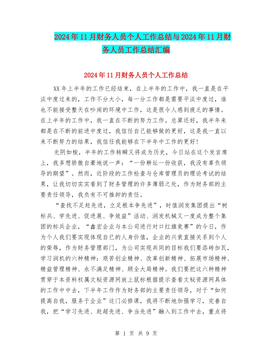 2024年11月财务人员个人工作总结与2024年11月财务人员工作总结汇编_第1页