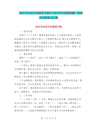 2024年企业文化建设方案与2024年企业演讲稿：我的企业我做主汇编