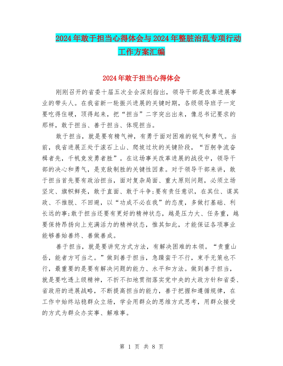 2024年敢于担当心得体会与2024年整脏治乱专项行动工作方案汇编_第1页