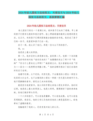 2024年幼儿园实习总结范文：天使宝贝与2024年幼儿园实习总结范文：是我梦想汇编