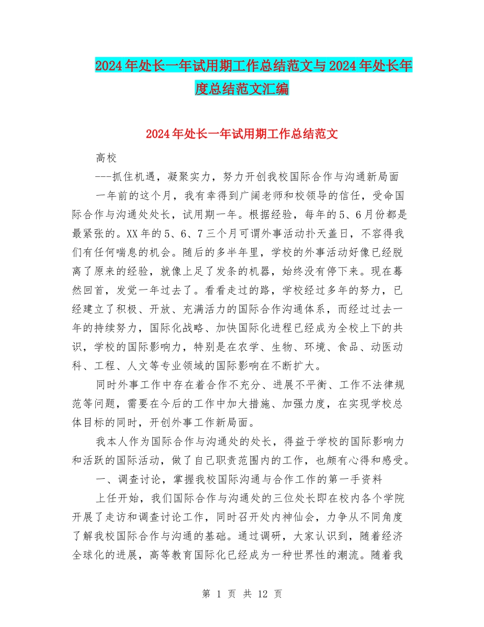 2024年处长一年试用期工作总结范文与2024年处长年度总结范文汇编_第1页